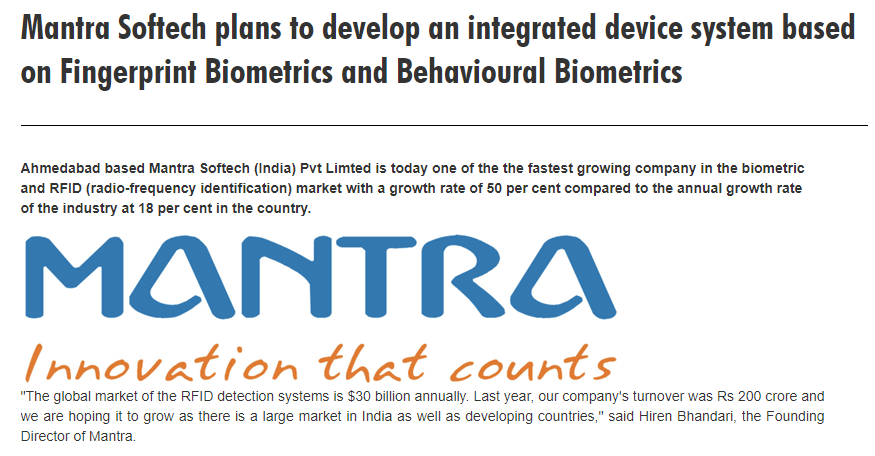 Mantra Softech's Integrated Biometrics System