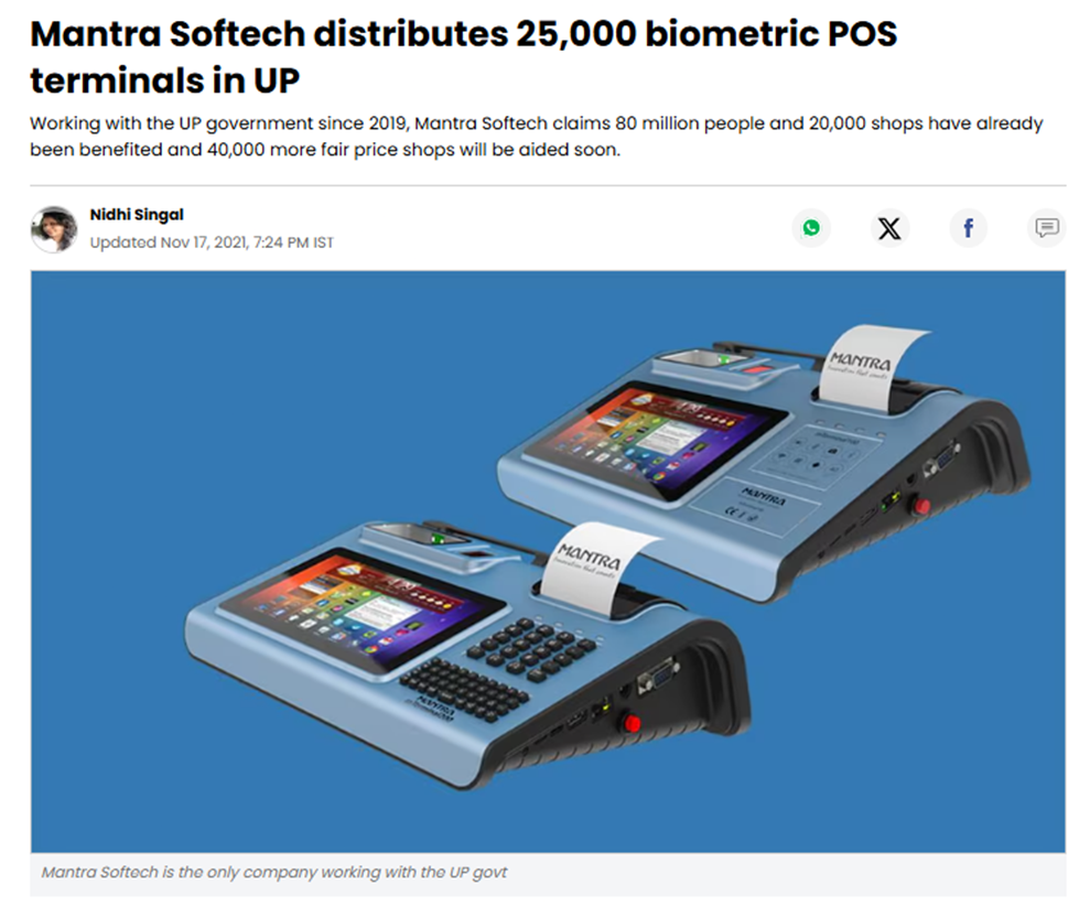 Mantra Softech Distributes 25,000 Biometric POS Terminals