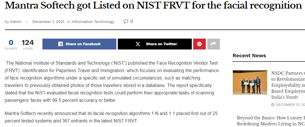 NIST FRVT Listing for Facial Recognition