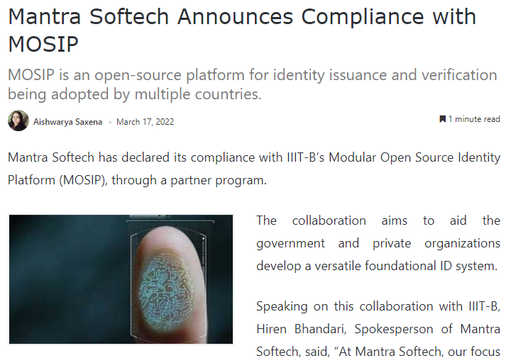 MOSIP Compliance Announcement by Mantra Softech