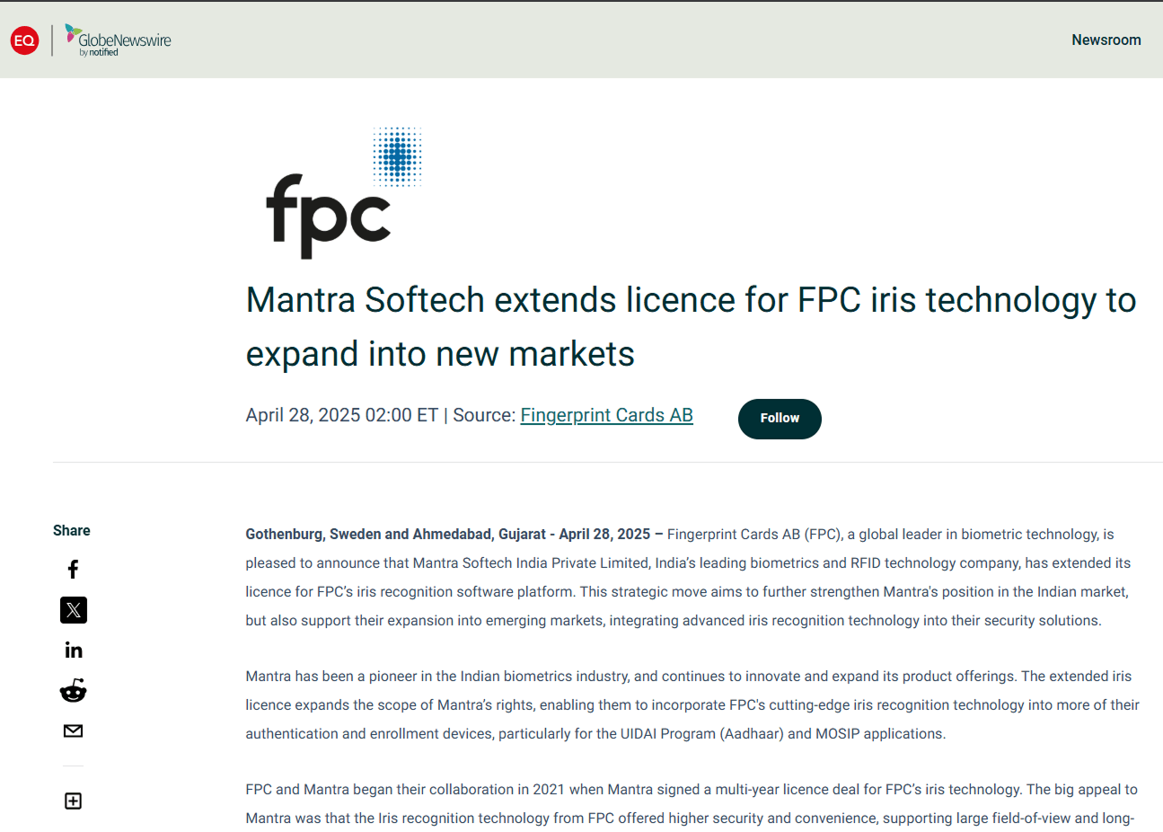 Mantra Softech extends licence for FPC iris technology Mantra Softech extends licence for FPC iris technology