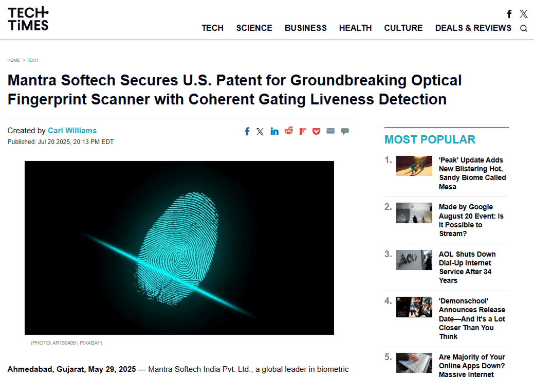 Mantra Softech secures US patent for optical fingerprint scanner Mantra Softech secures US patent for optical fingerprint scanner